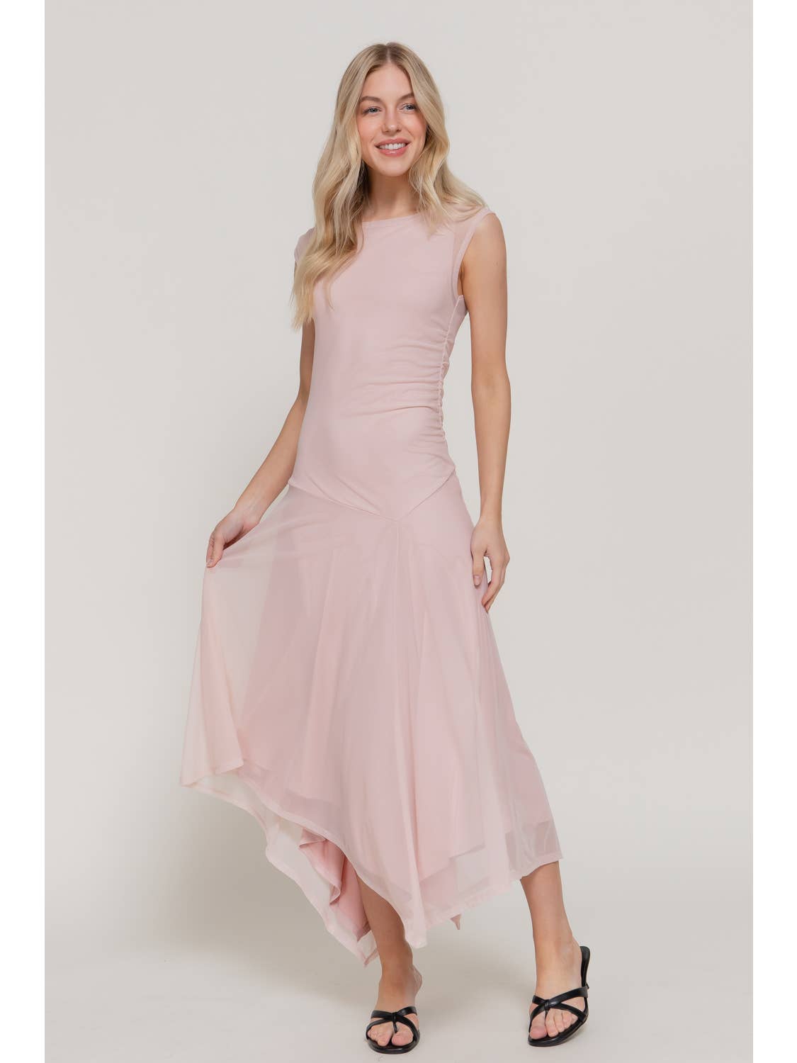 Baby Pink Sleeveless High Neck Asymmetric Gathered Mesh Midi Dress