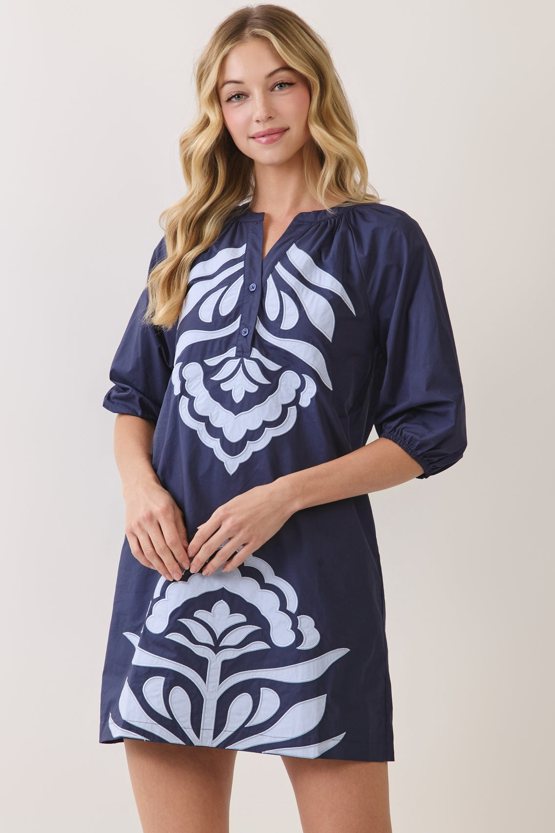 Navy Contrast Appliqué Shift Mini Dress