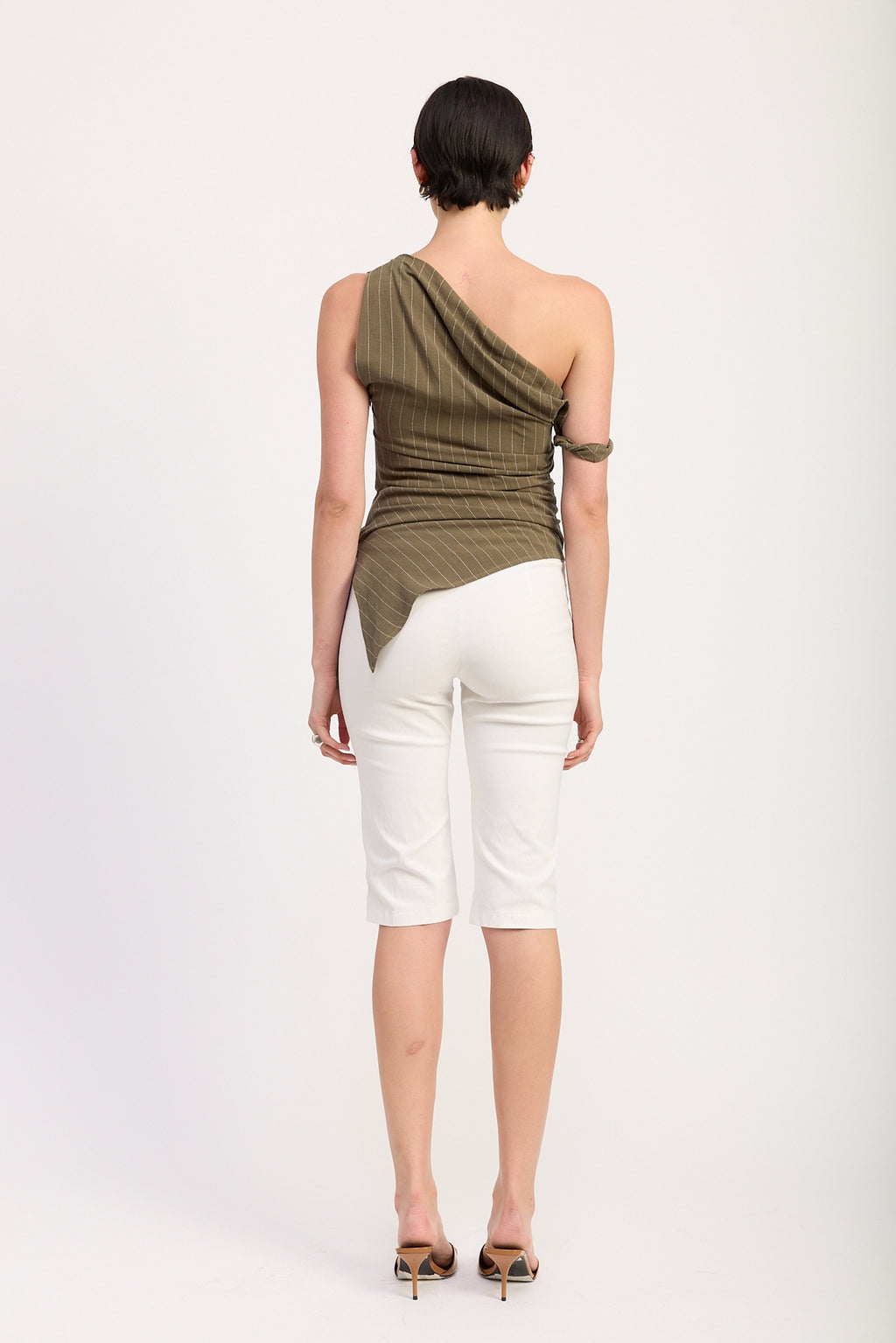 Olive Asymmetrical Striped One Shoulder Top