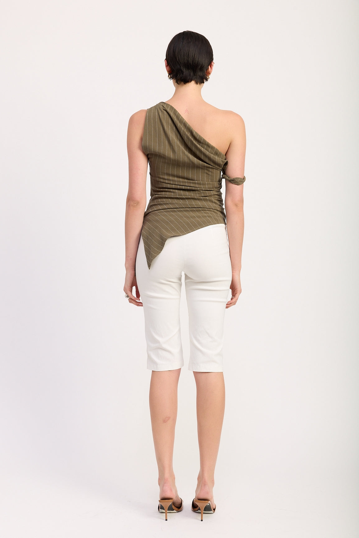 Olive Asymmetrical Striped One Shoulder Top