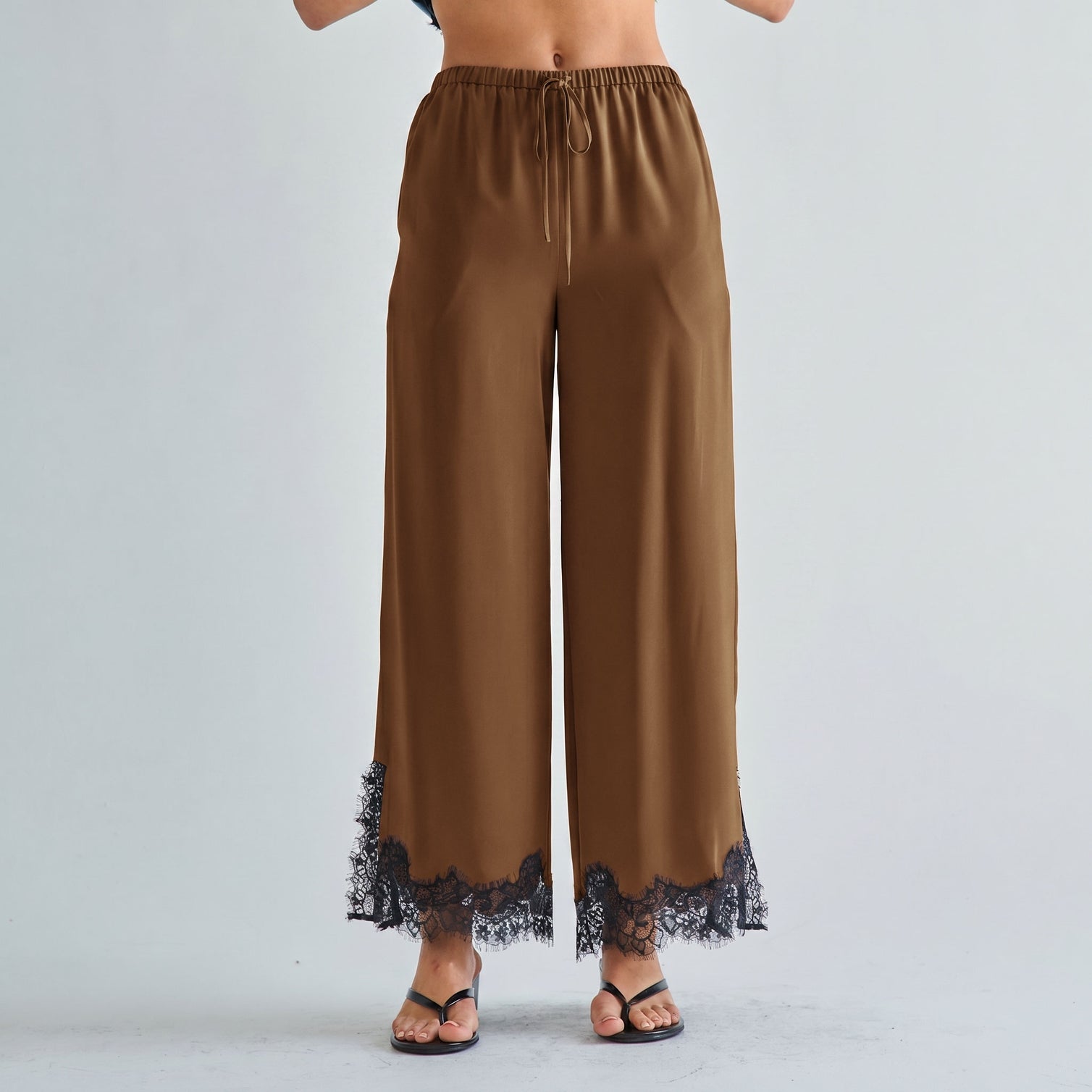 Mocha Satin Lace Top & Pants Set