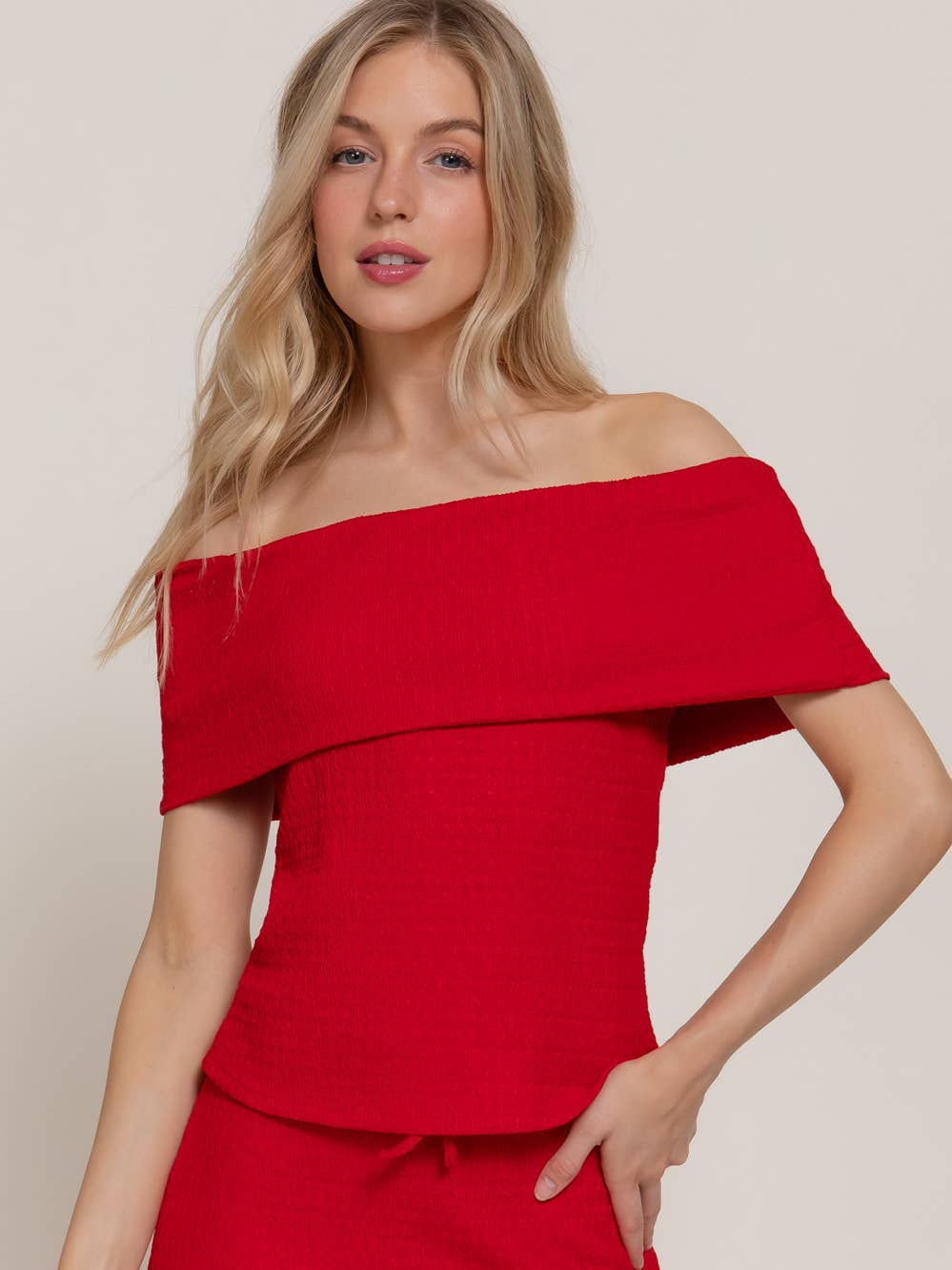 Red Off the Shoulder Texture Knit Top