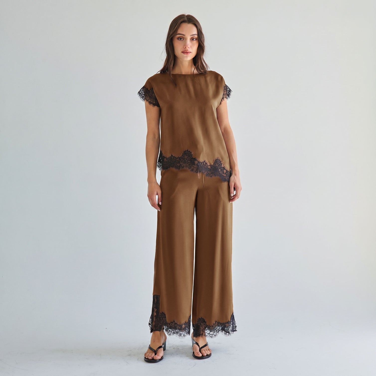 Mocha Satin Lace Top & Pants Set