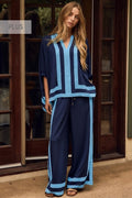 Navy & Blue Plus Contrast Striped Trim Top Matching Wide Leg Pants Set