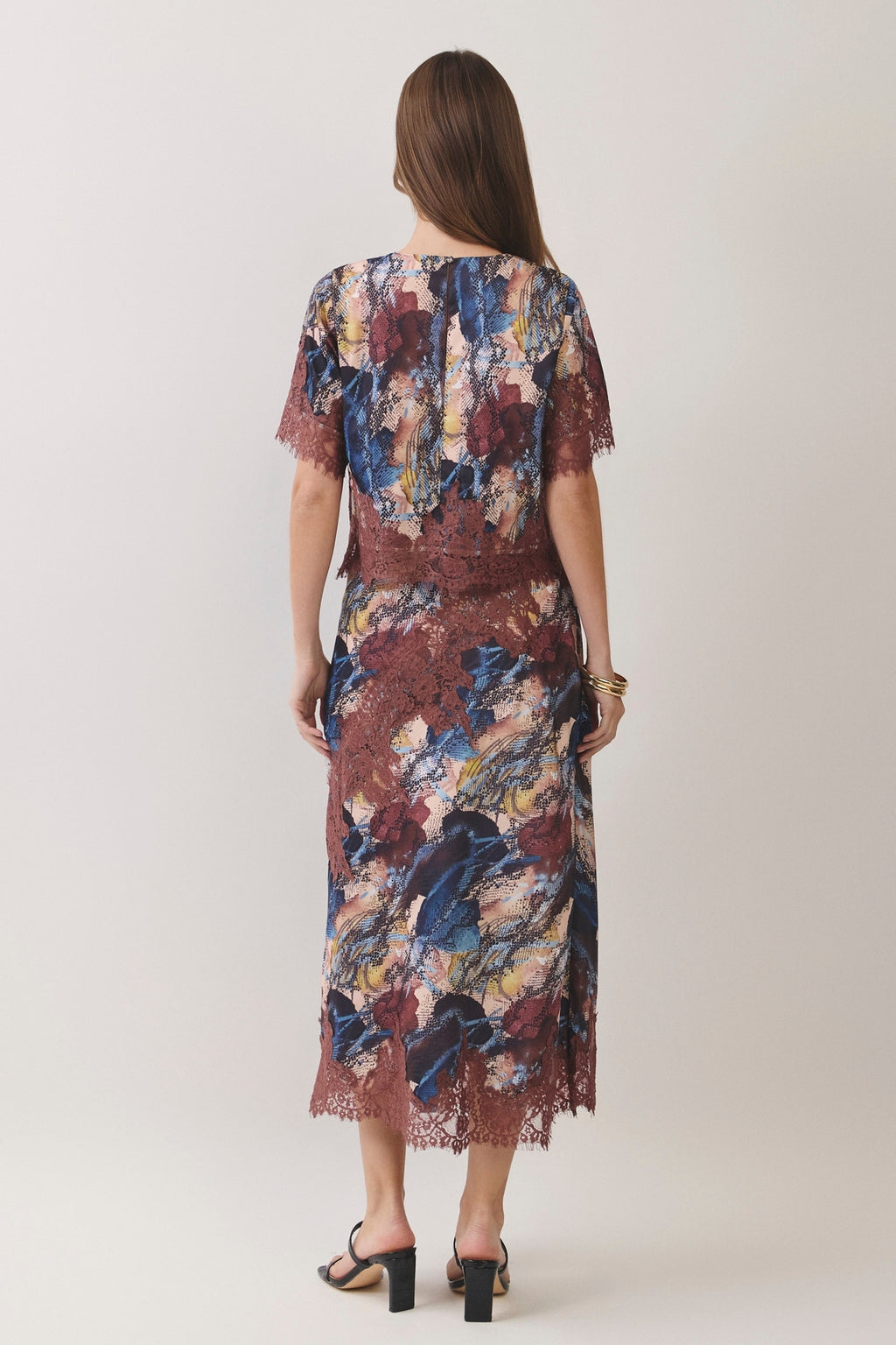 Snake Abstract Print Lace Trim Blouse and Skirt