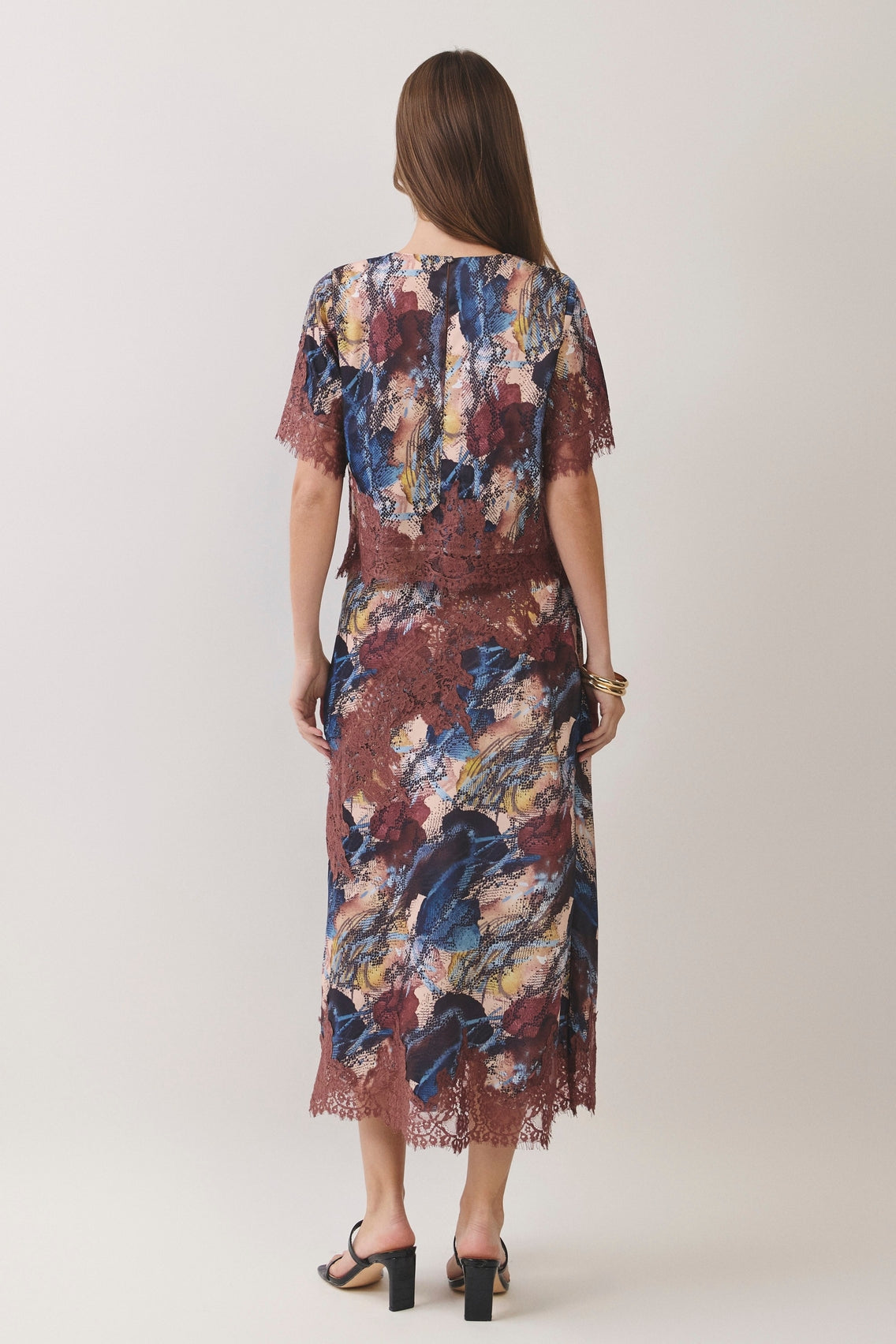 Snake Abstract Print Lace Trim Blouse and Skirt