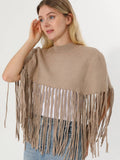 Women Mock Neck Fringe Knit Poncho Solid Soft Cape Shawl - Taupe