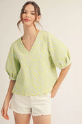 Lemon Half puff sleeves floral jacquard v neck top