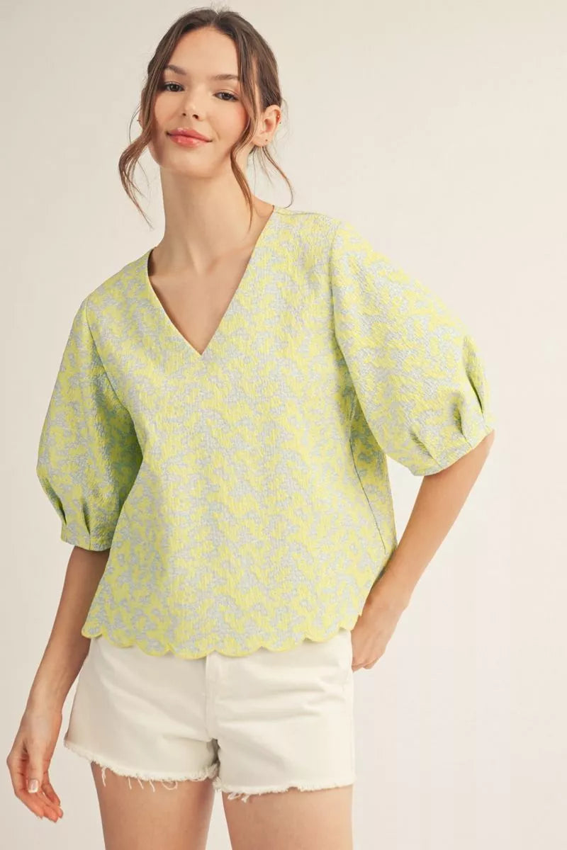 Lemon Half puff sleeves floral jacquard v neck top