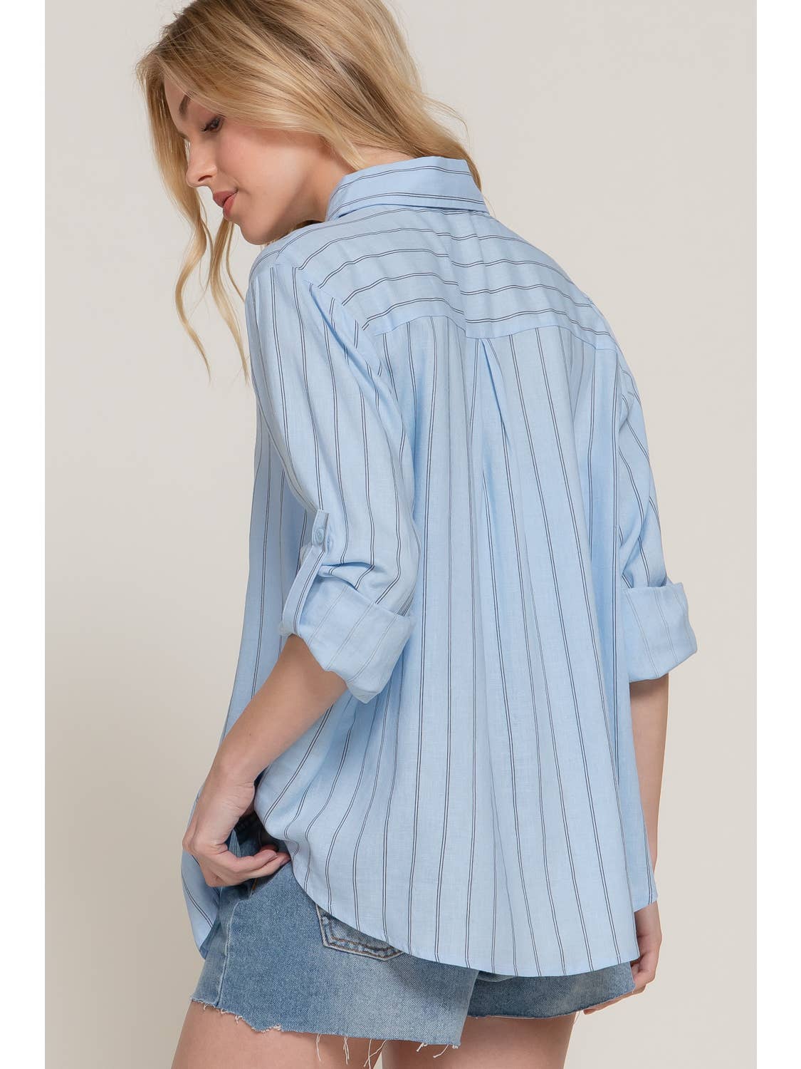 Blue Long Sleeve Button Down Stripe Linen Oversized Shirt