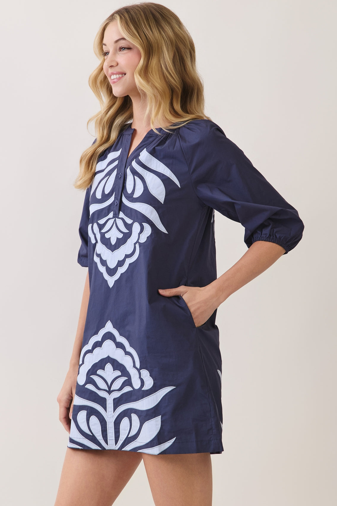 Navy Contrast Appliqué Shift Mini Dress