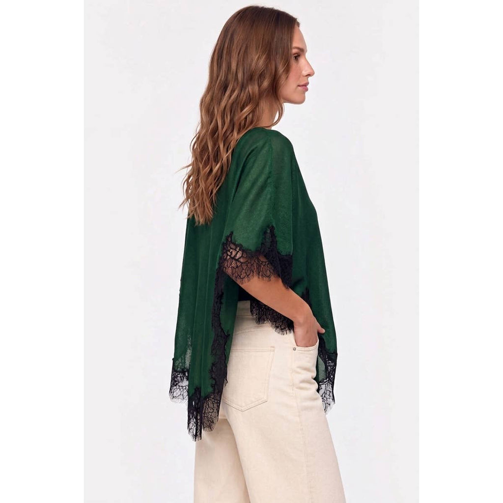 Hunter Green Asymmetrical Lace Trim Poncho Top