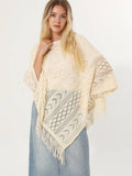Women Hollow Knit Triangle Tassel Poncho Shawl - Ivory