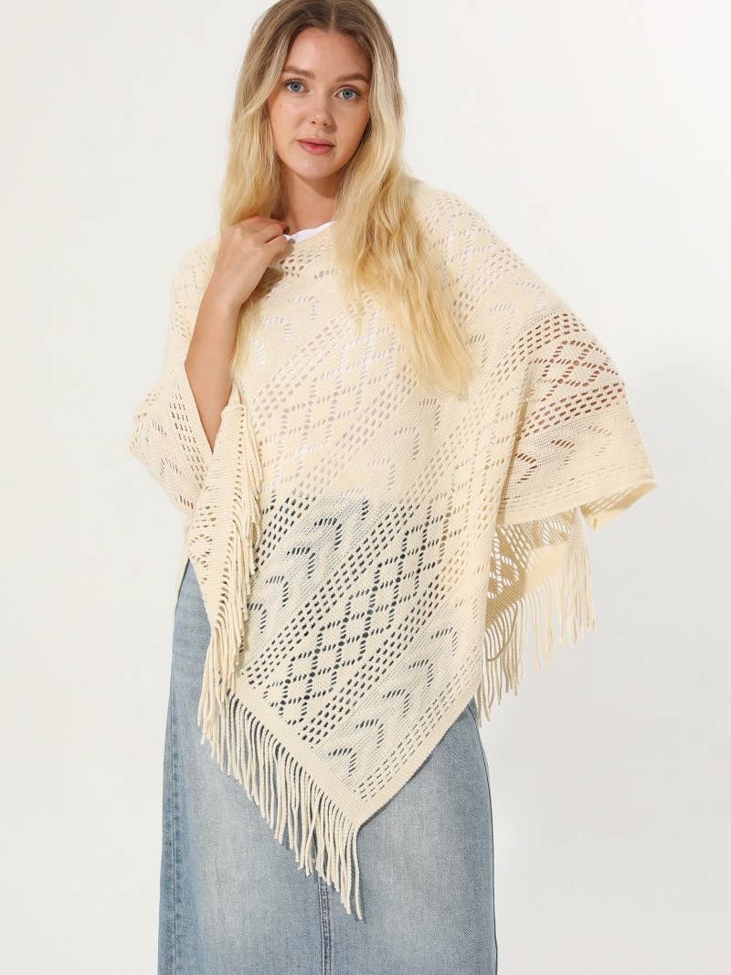 Women Hollow Knit Triangle Tassel Poncho Shawl - Ivory