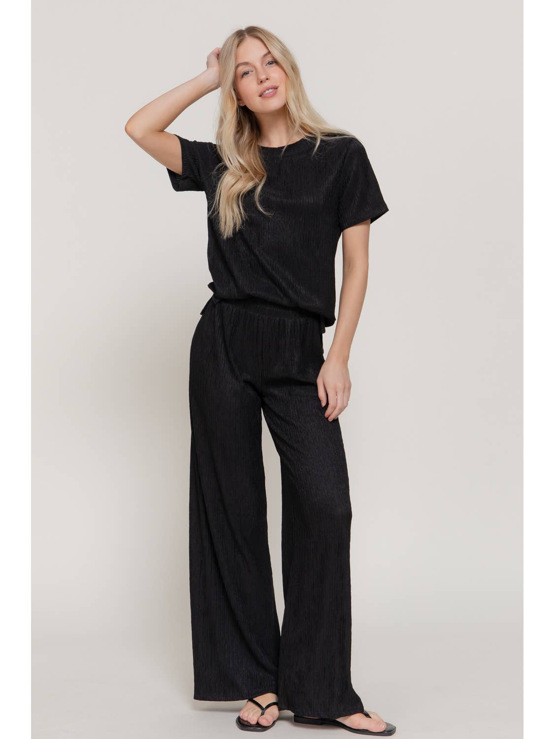 Black Short Sleeve Top & Wide Knit Pants Set