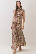 Green and Brown Zebra Printed Front Slit Draped Maxi Dress