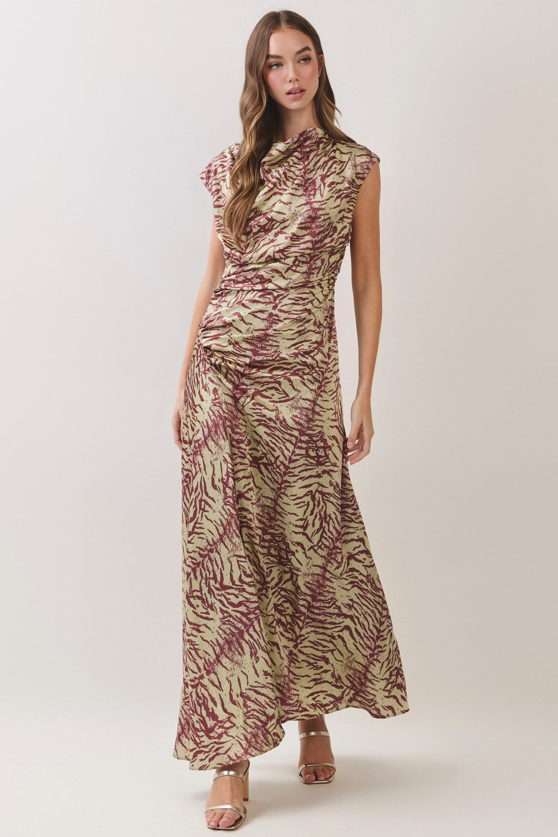 Green and Brown Zebra Printed Front Slit Draped Maxi Dress