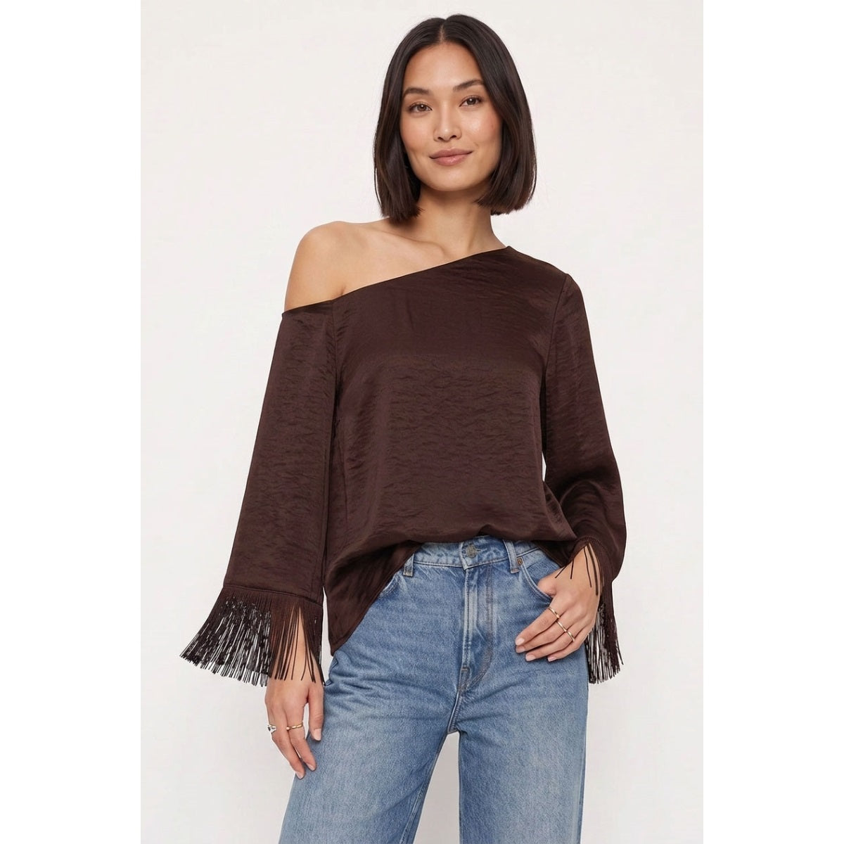 Chocolate Fringe Sleeve Off Shoulder Fall Blouse