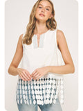White Dotted Lace Fringe Linen Top