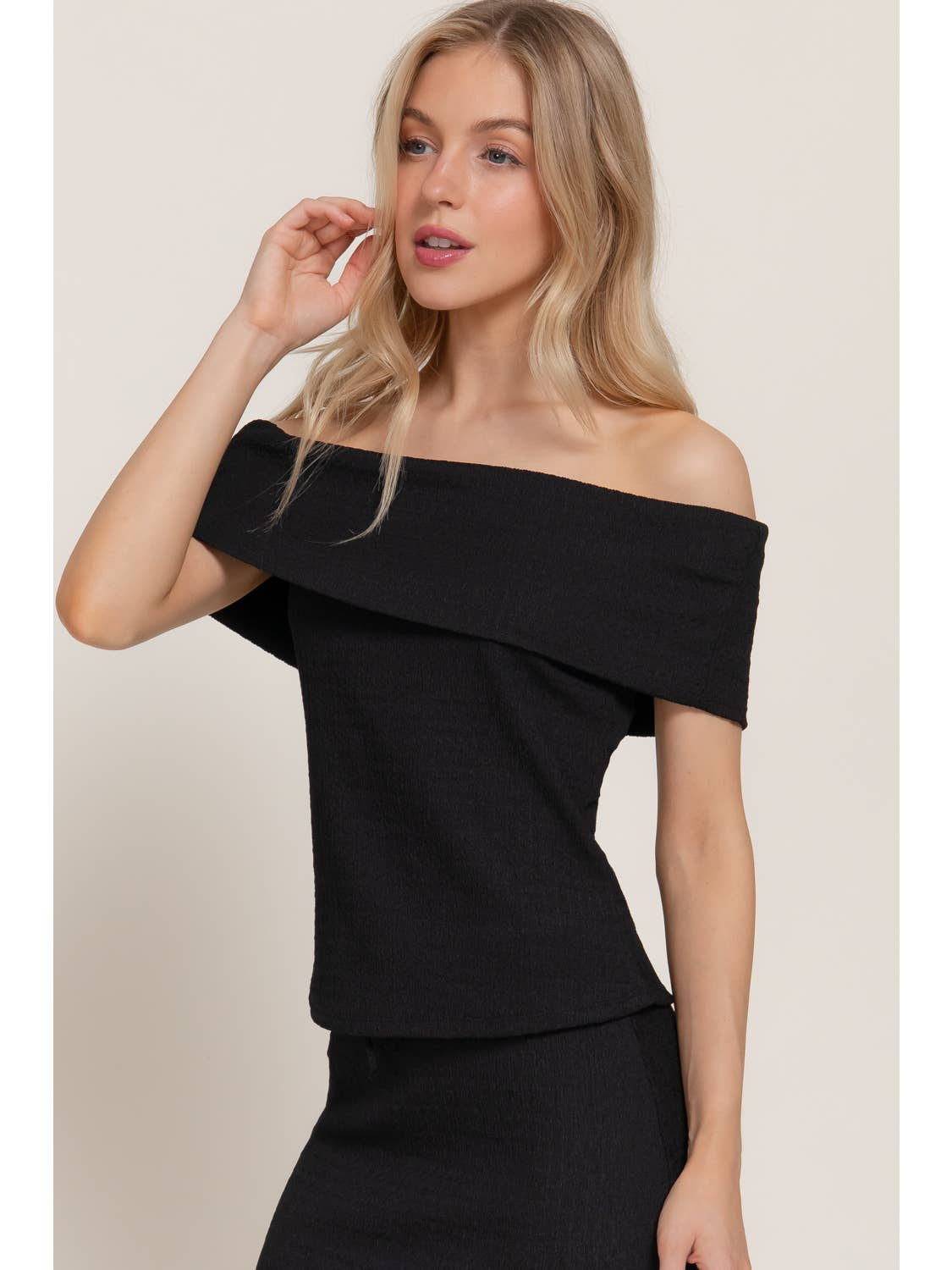 Black Off the Shoulder Texture Knit Top