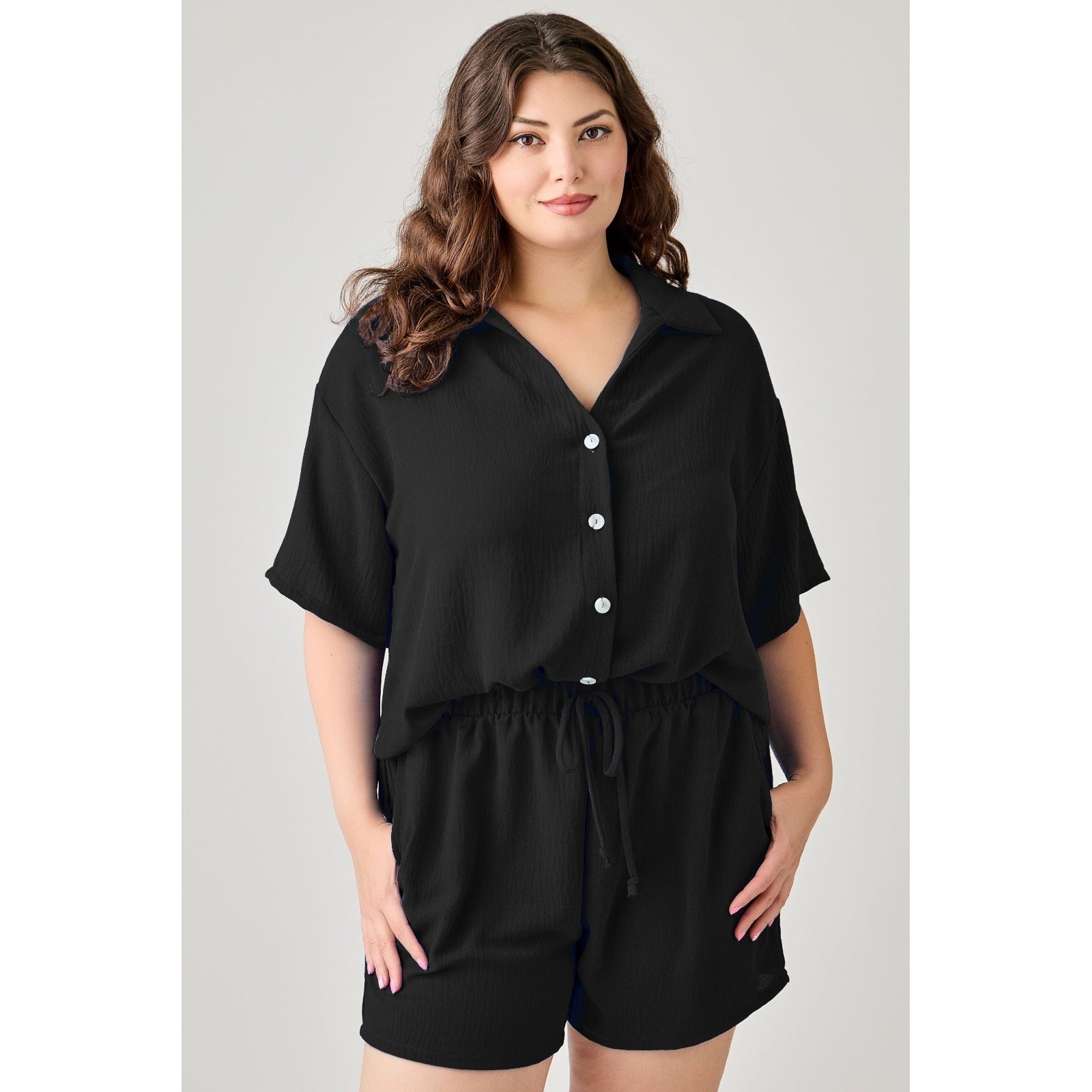 Black Button down  Sleeve Top and Elastic Shorts