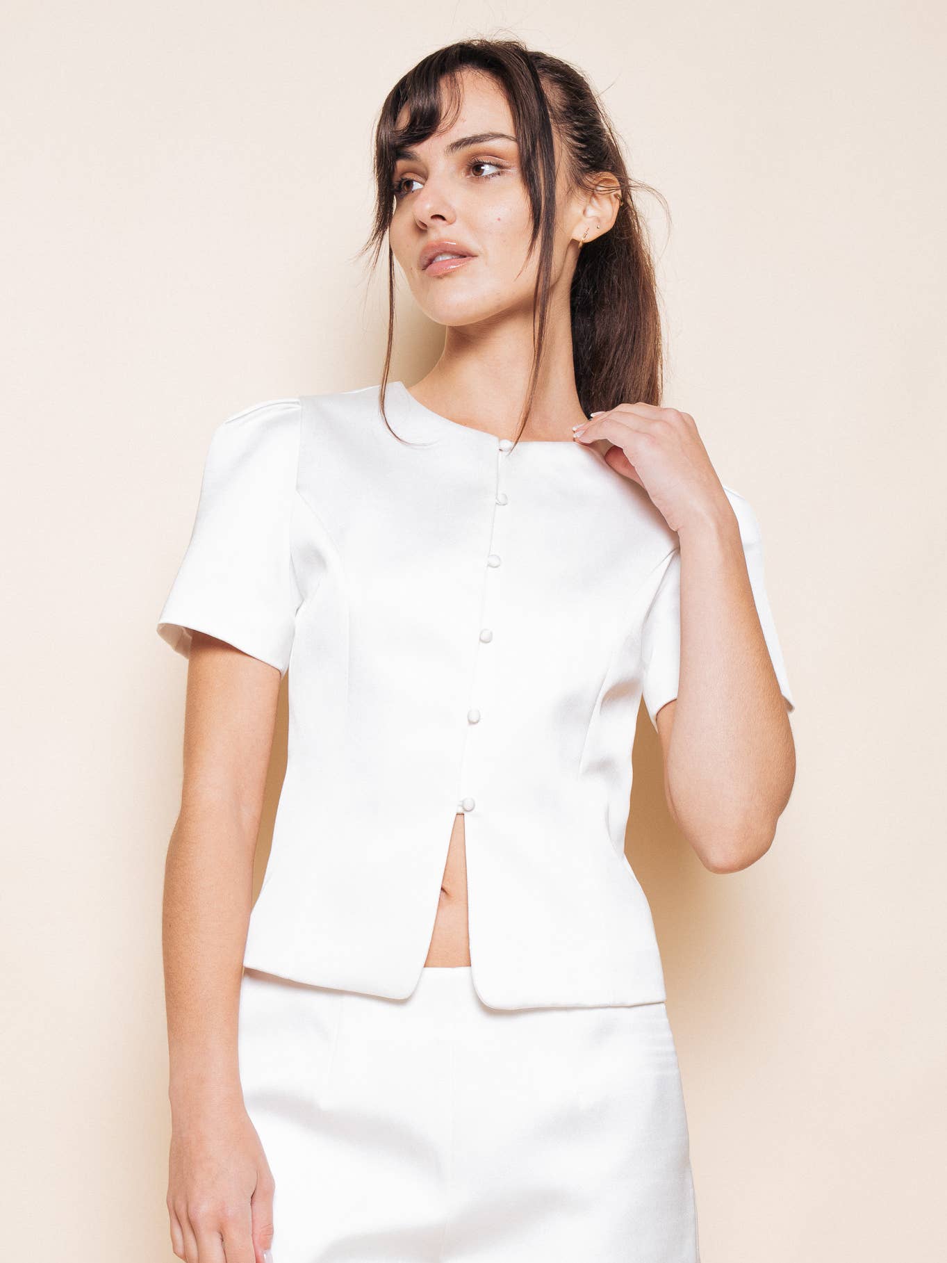 White Short Sleeve Button Front Top