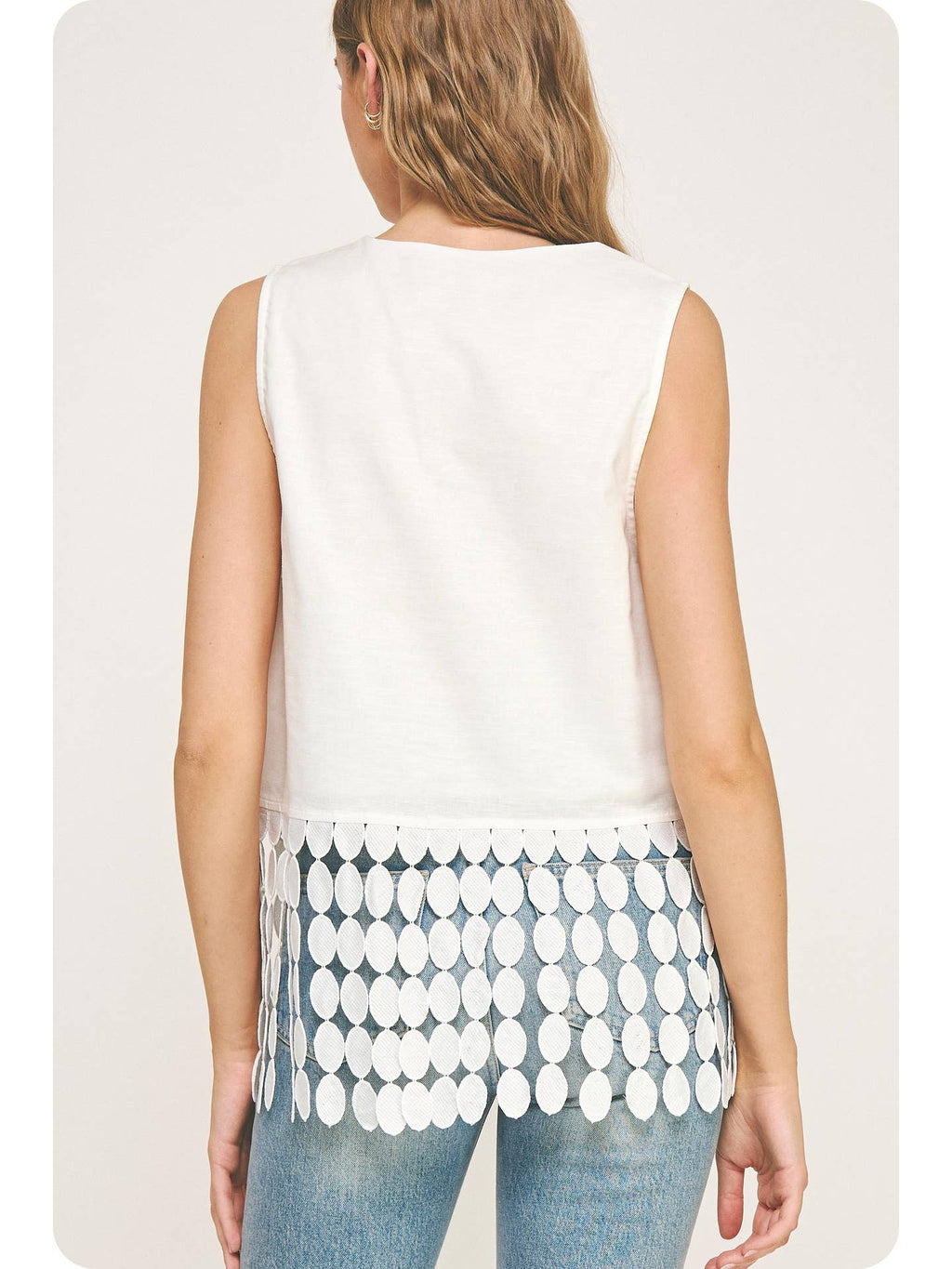 White Dotted Lace Fringe Linen Top
