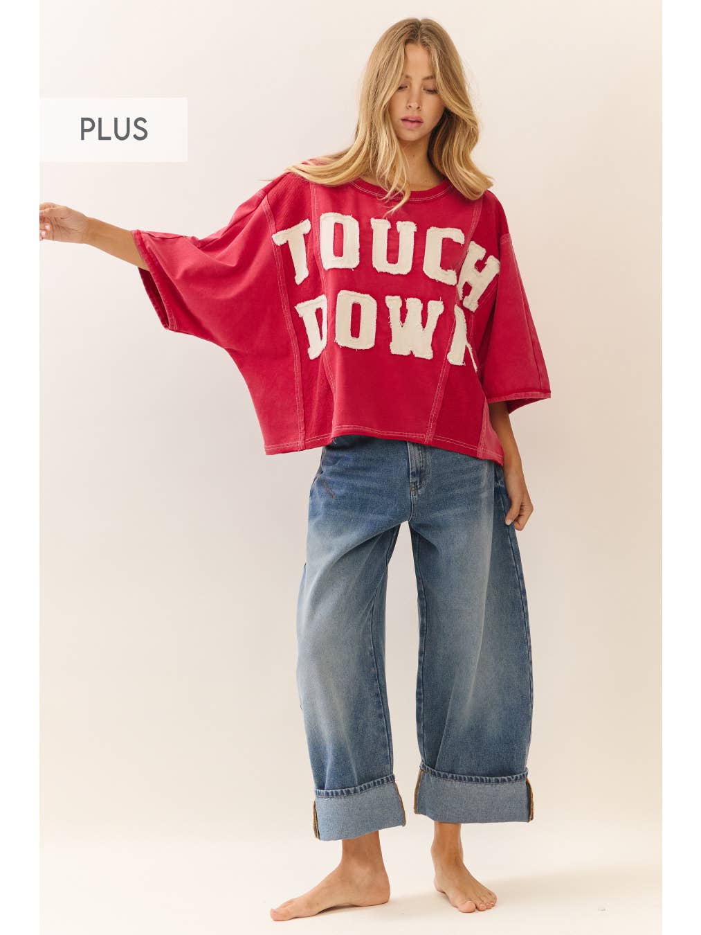 Curvy Acid Wash Oversized Short Sleeve Sweatshirt - Game Day Dark Red