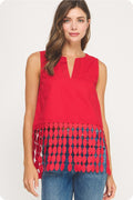 Red Dotted Lace Fringe Linen Top
