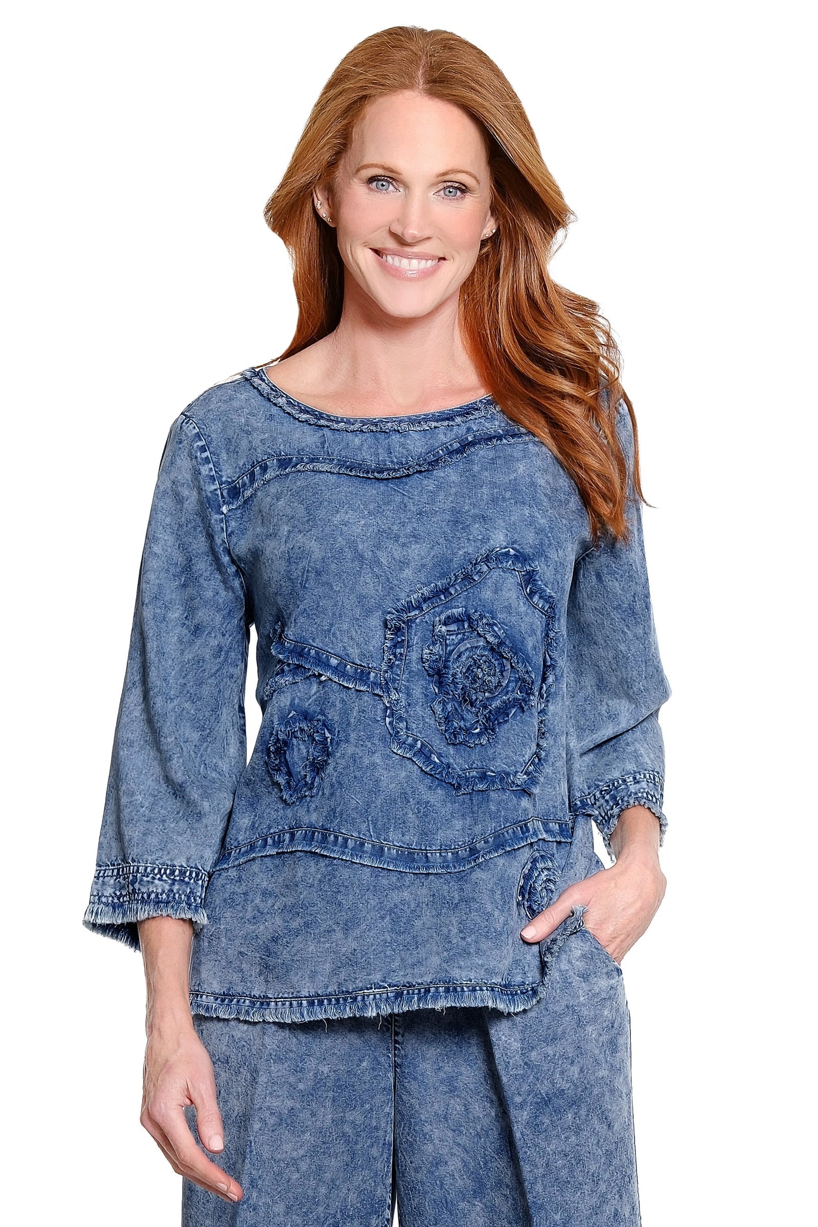 APPLIQUÉ DETAIL TUNIC WITH RAW EDGES - MEDIUM INDIGO