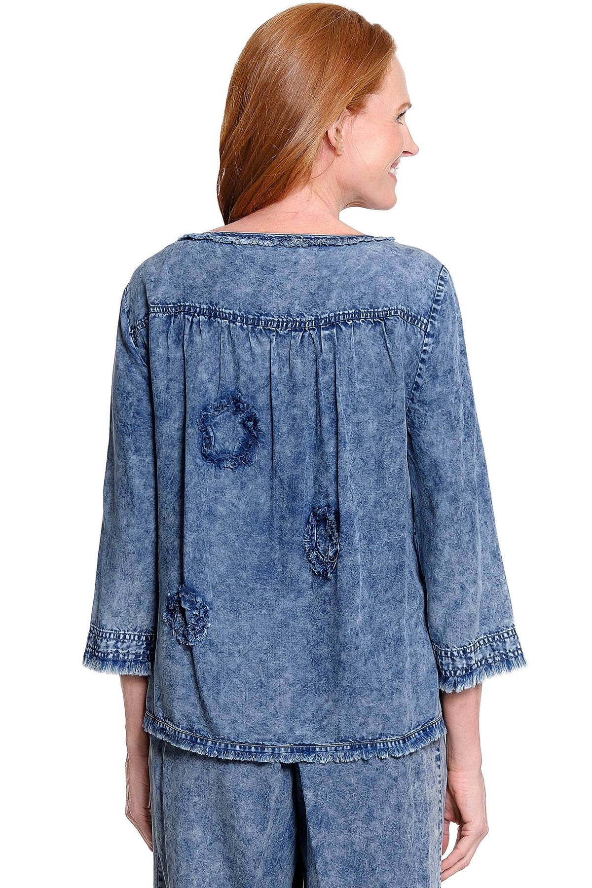 APPLIQUÉ DETAIL TUNIC WITH RAW EDGES - MEDIUM INDIGO