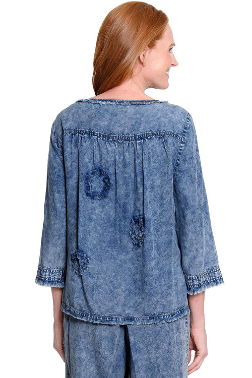 APPLIQUÉ DETAIL TUNIC WITH RAW EDGES - MEDIUM INDIGO