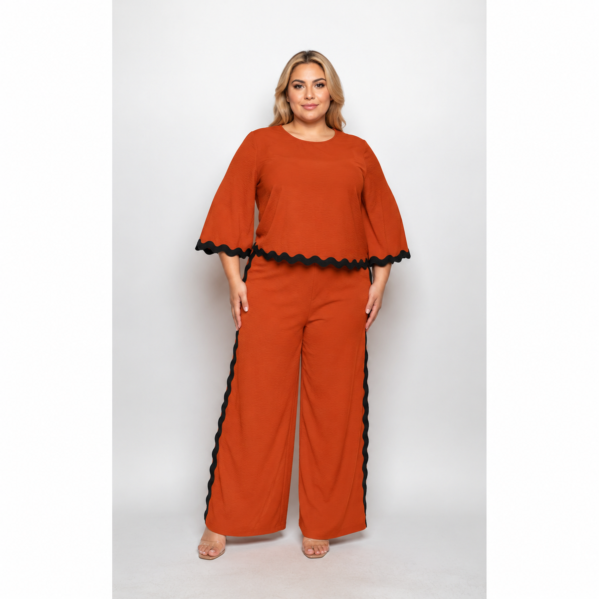 Curvy Size Rick Rack Trim Top and Wide Leg Pant Matching Set