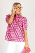 Hot Pink Geometric print short puff sleeve top
