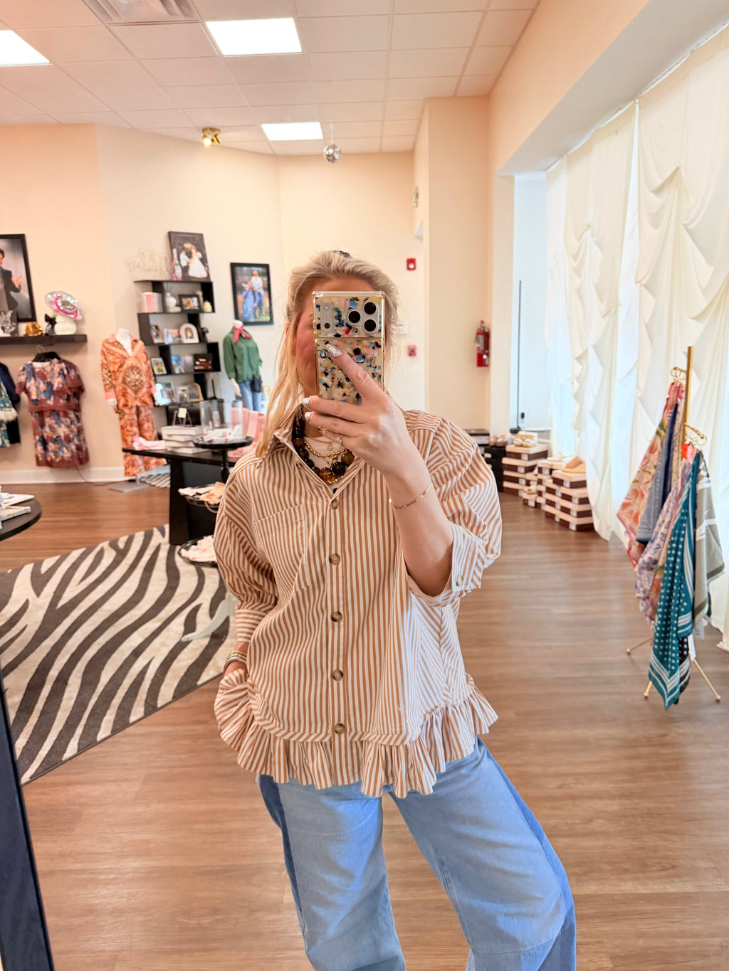White and Brown Stripe Ruffle Hem Button Up Shirt