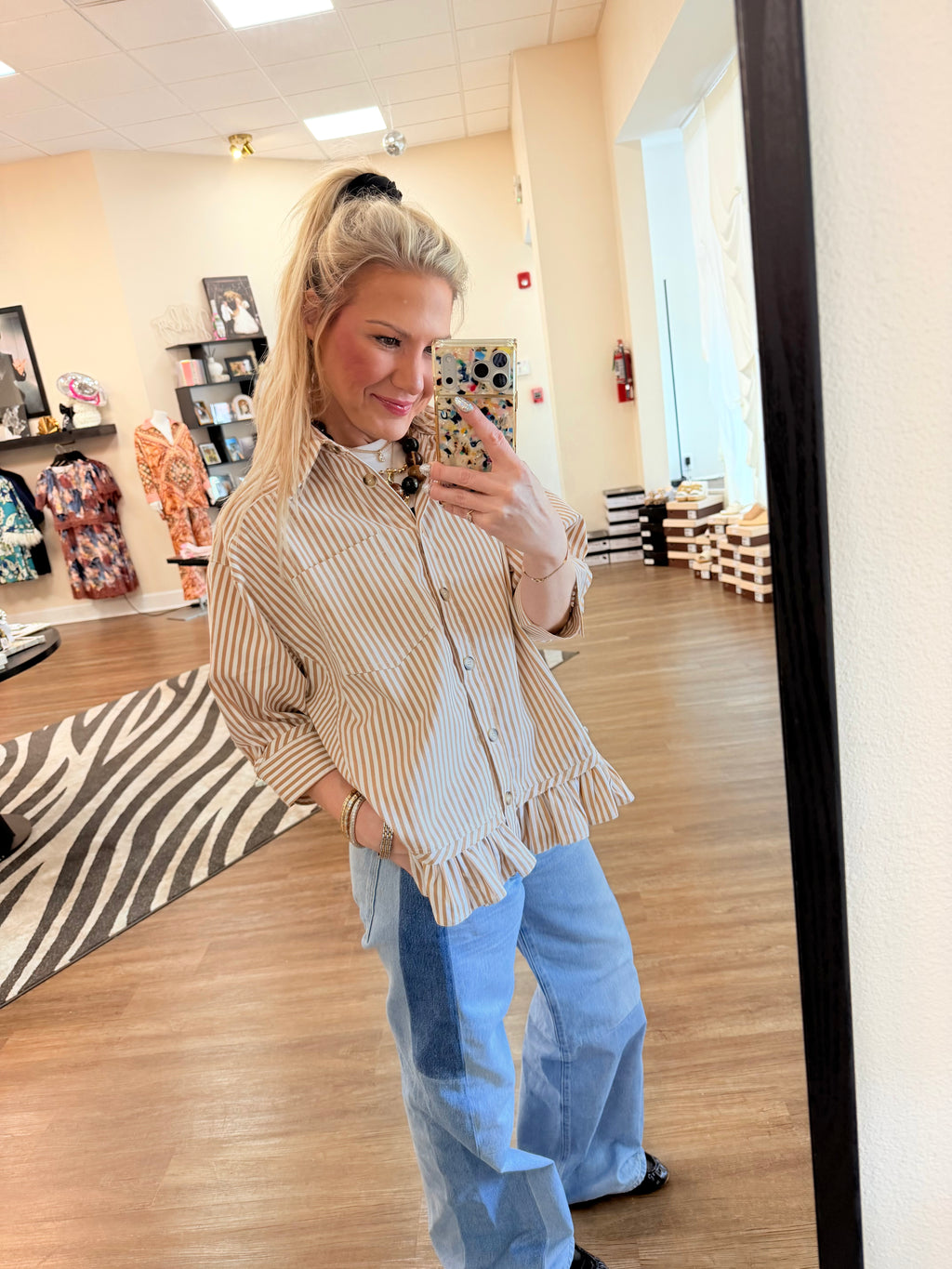 White and Brown Stripe Ruffle Hem Button Up Shirt