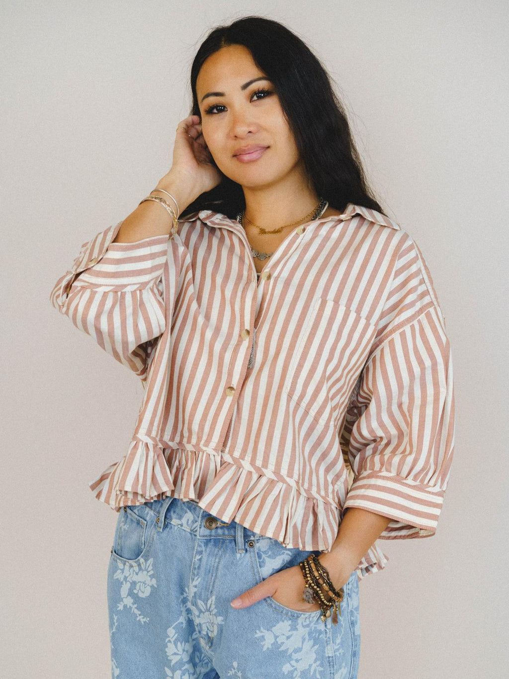 White and Brown Stripe Ruffle Hem Button Up Shirt