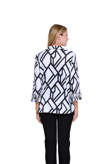 Black and White Pleated Flounce 3/4 Blouse