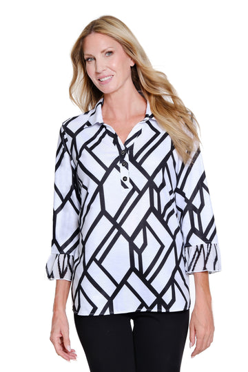 Black and White Pleated Flounce 3/4 Blouse
