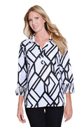 Black and White Pleated Flounce 3/4 Blouse