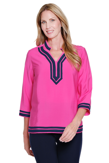 Candy Pink with Navy Piping Woven Blouse
