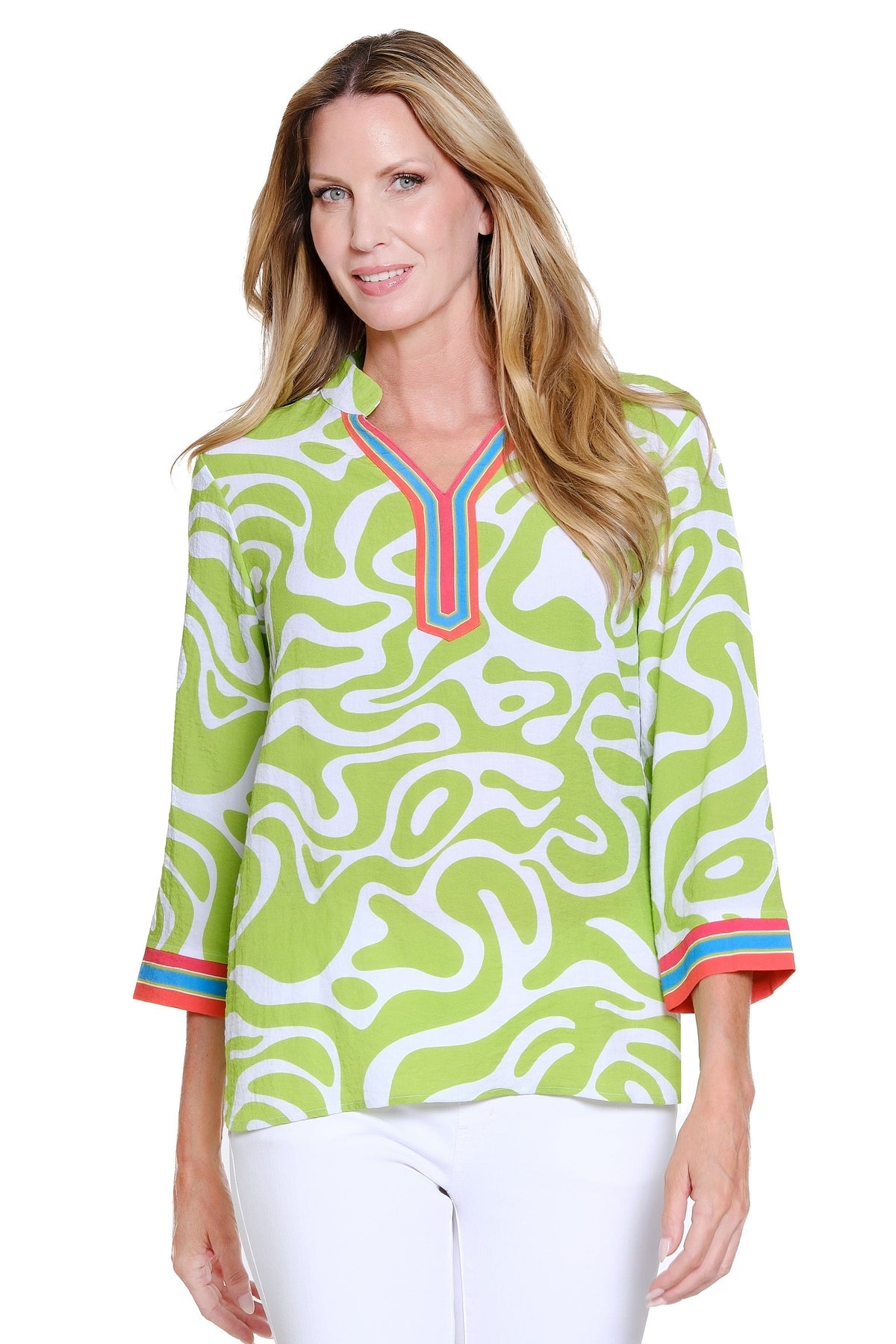 LIME GREEN PRINTED WOVEN TOP WITH CONTRAST STRIPE TRIM - MULTI