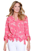 CORAL PINK EMBROIDERED CRINKLE WOVEN SHIRT WITH TIE WAIST
