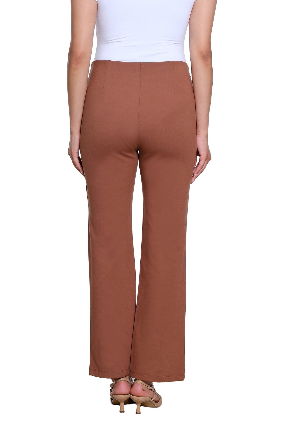 ELASTIC NO WAIST PINTUCK FLARE LEG KNIT ANKLE PANT - COCOA
