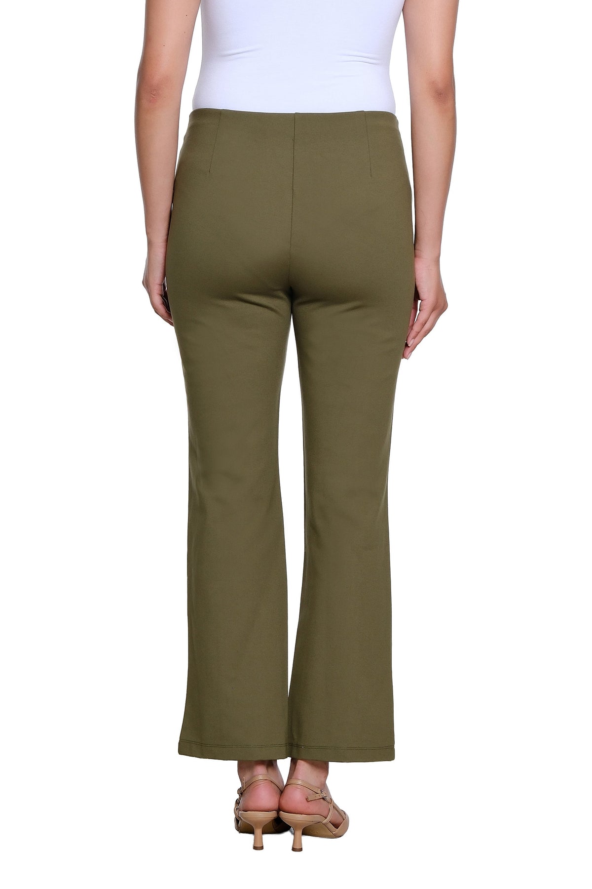 ELASTIC NO WAIST PINTUCK FLARE LEG KNIT ANKLE PANT - OLIVE