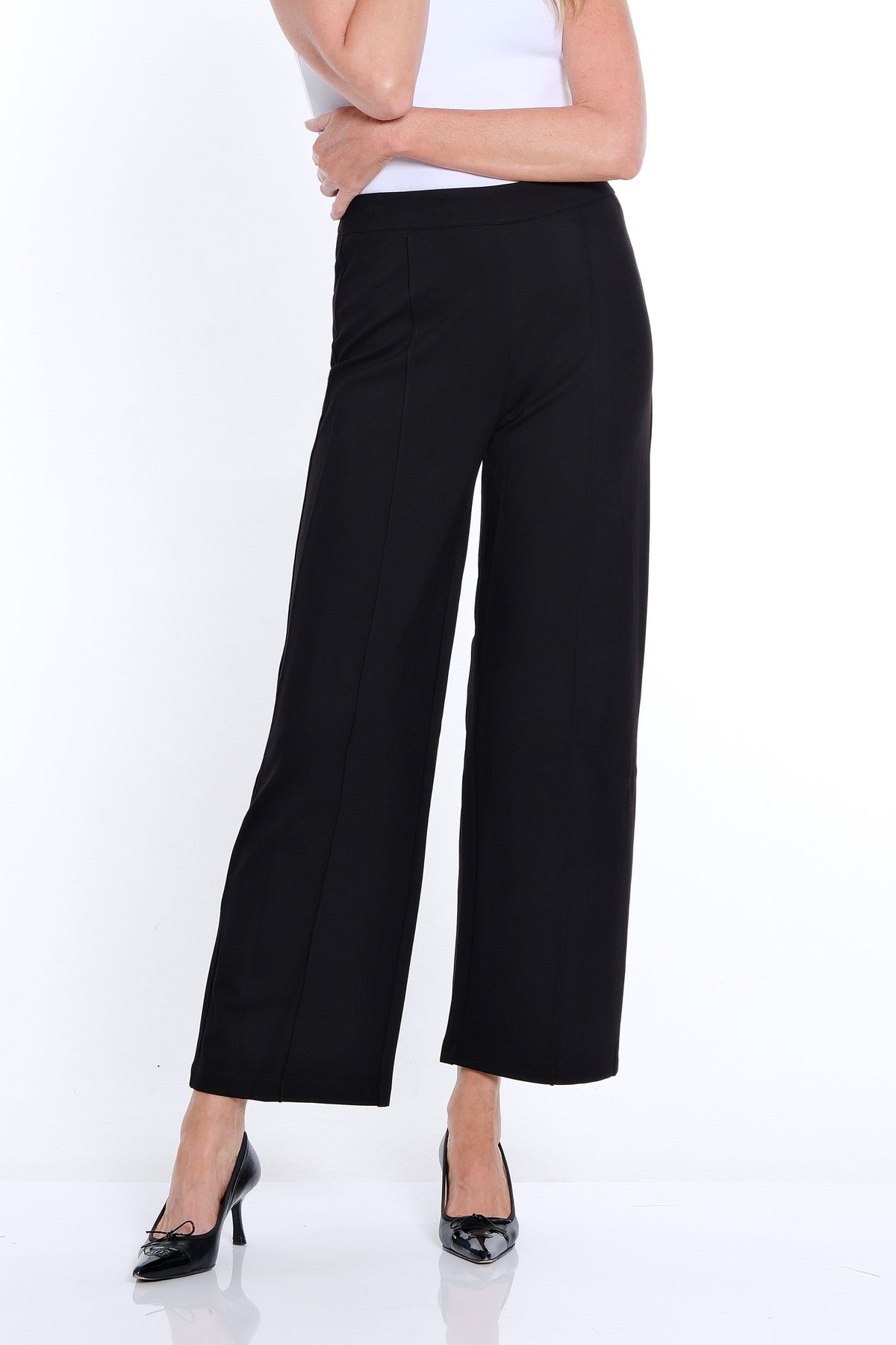 PINTUCK FRONT WIDE LEG PONTE ANKLE PANT - BLACK
