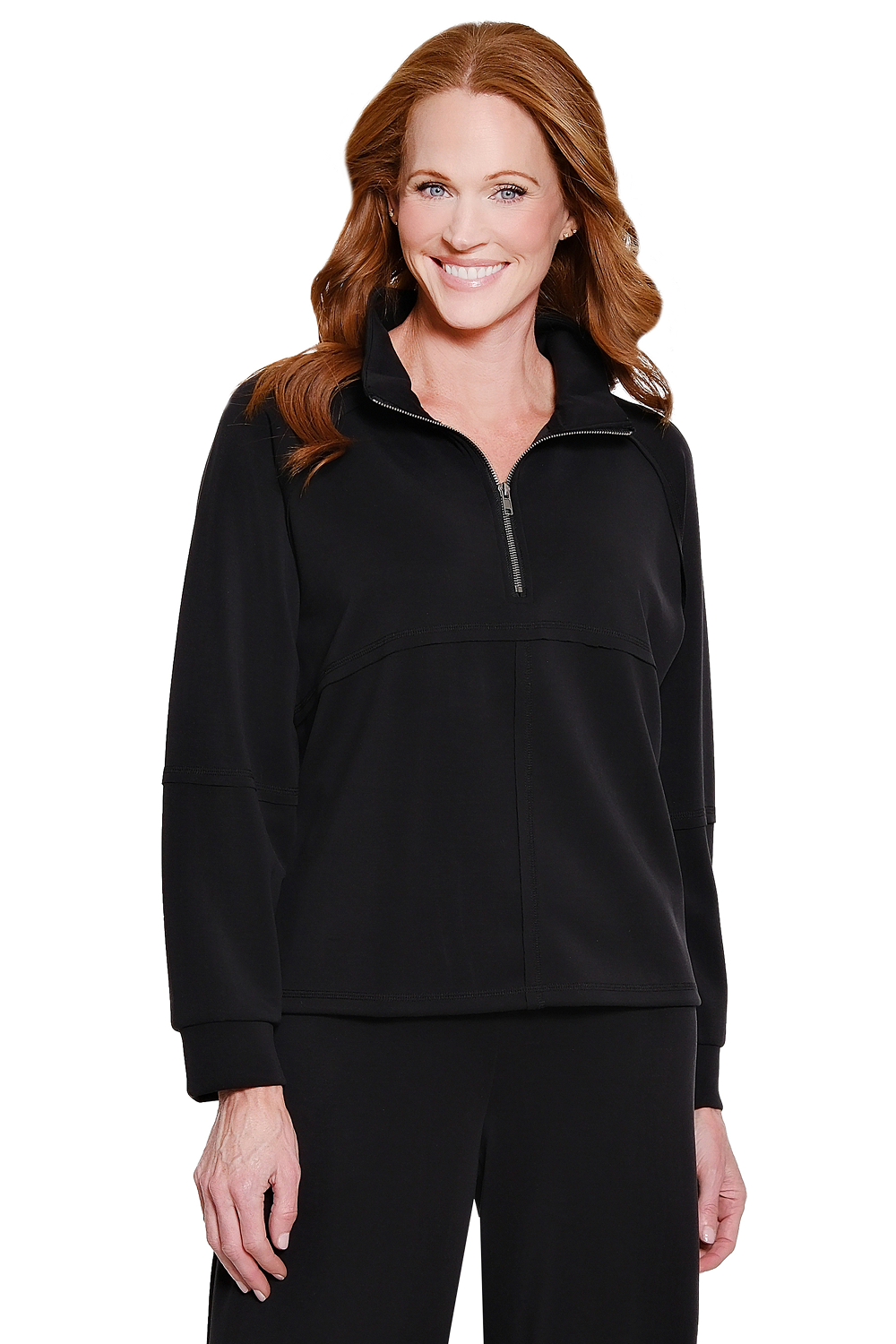 BLACK ZIP MOCK NECK RAGLAN TOP