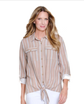 Taupe Roll Tab Stripe Button Down Top