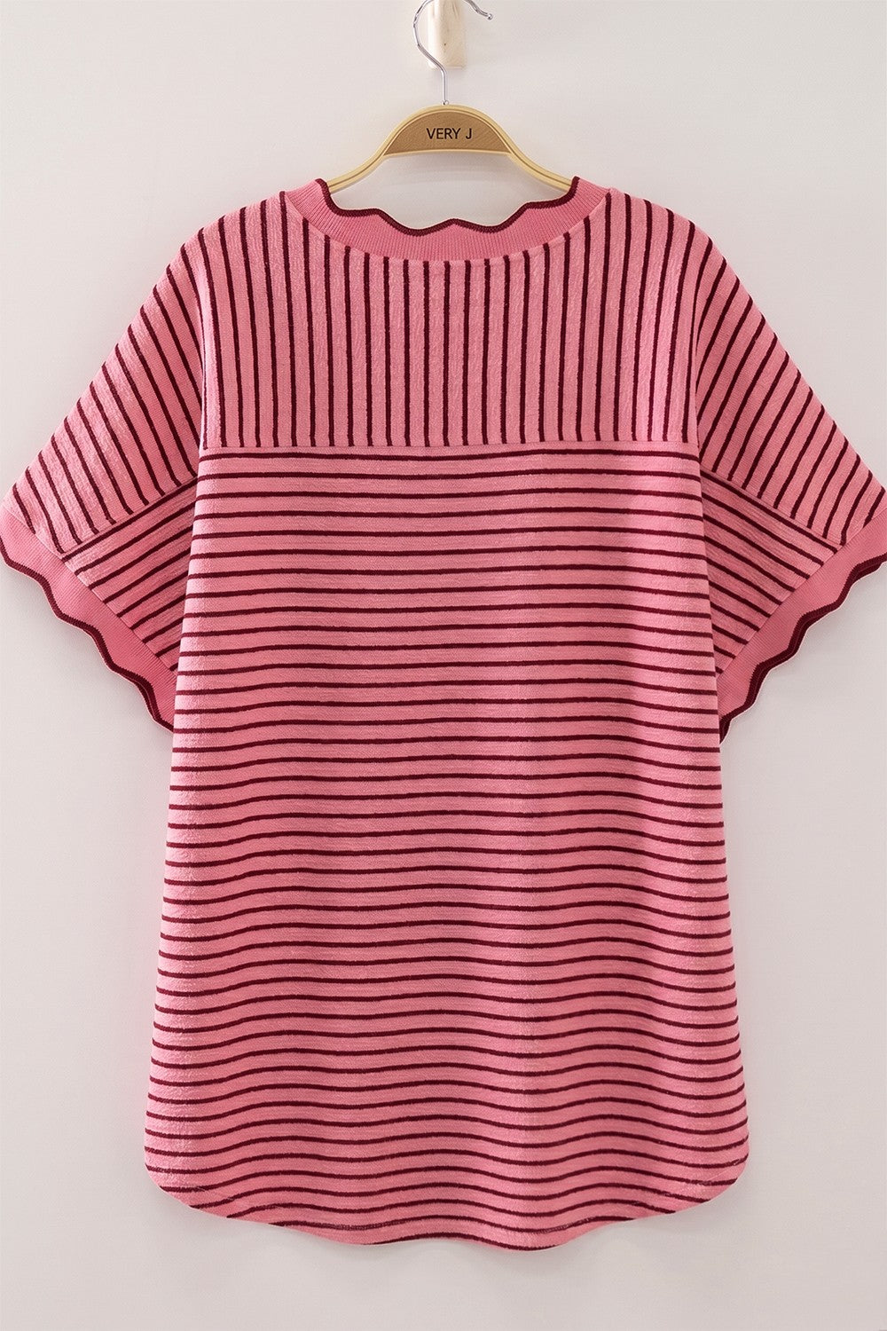 Pink & Burgandy Scallop Trim Stripe Knit Top