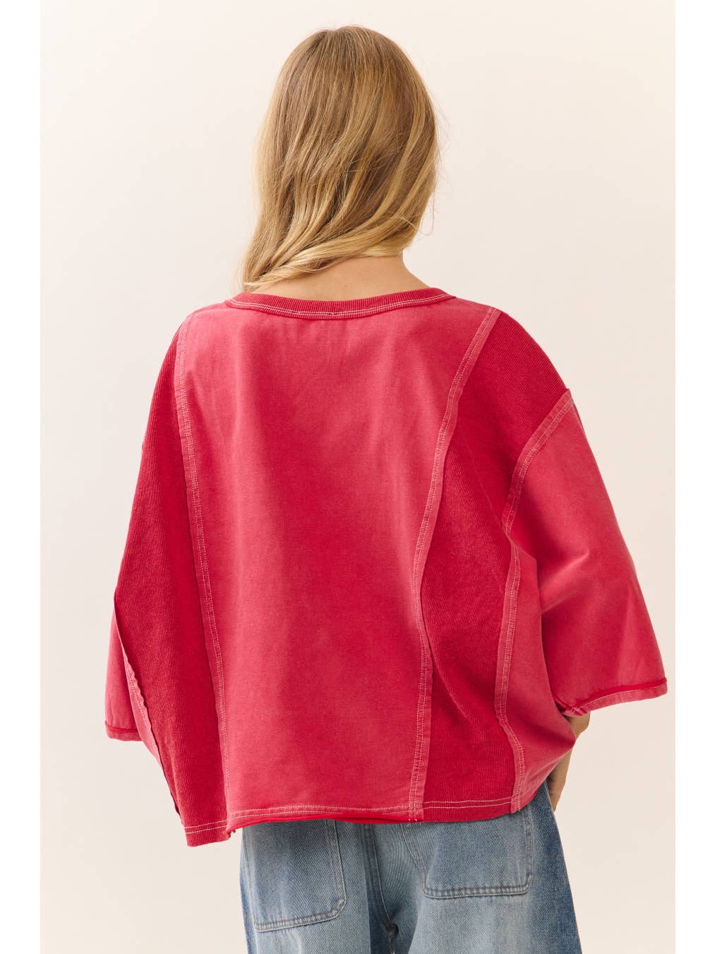Curvy Acid Wash Oversized Short Sleeve Sweatshirt - Game Day Dark Red
